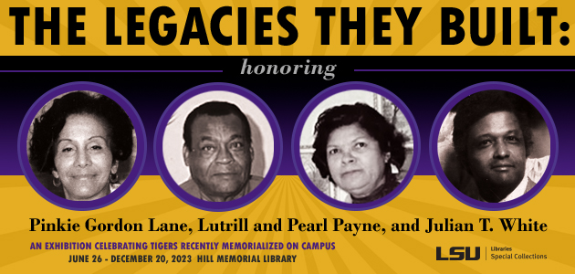 purple and gold banner with photographic portraits of two women and two men